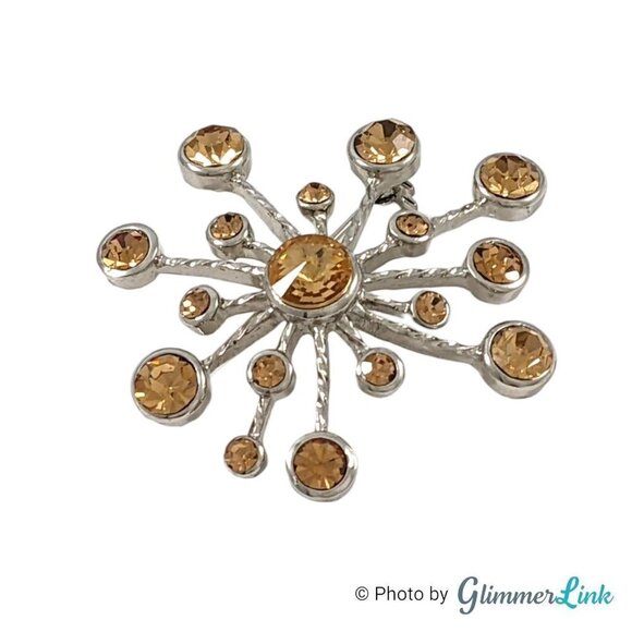Starburst Sunburst Orange Rhinestone Silver Tone Brooch Pin - Picture 3 of 5